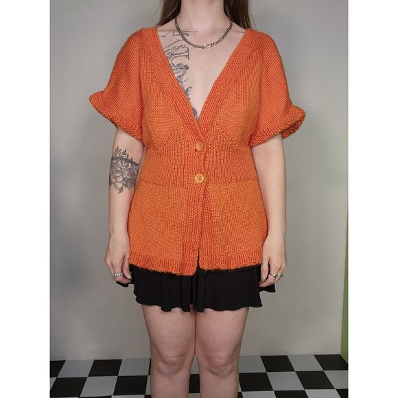 Handmade Bright Vibrant Orange Chunky Knit Button Up Short Sleeve Sweater Sz Med - Picture 3 of 6